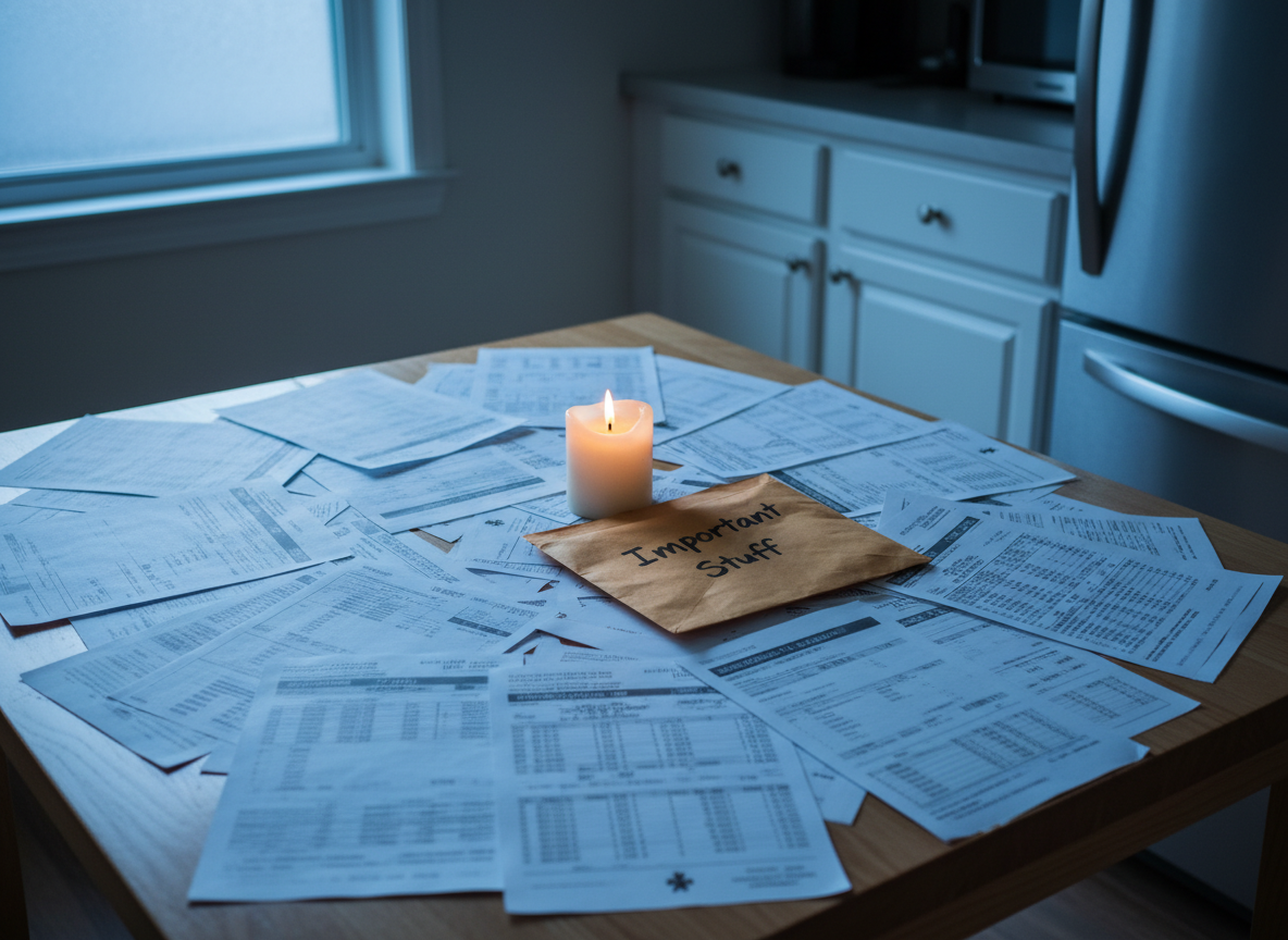A tidy, modest Canadian kitchen table made of light oak, its surface scattered with neatly arranged but overwhelming paperwork: detailed insurance forms, banking statements with tiny printed fees, and tax slips all bearing subtle maple leaf motifs. A single, half-melted vanilla-scented candle sits in the middle beside an overstuffed manila folder labeled “Important Stuff” in bold marker. Cold blue morning light filters through a frosted window, casting soft, diagonal shadows and highlighting the paper clutter. Shot from a slightly elevated angle in photographic realism with moderate depth of field, the table is sharp while the fridge and cabinets blur. The mood is playfully exasperated yet relatable, combining warm wood tones with cool light to reflect the mental tug-of-war of managing Canadian life admin.