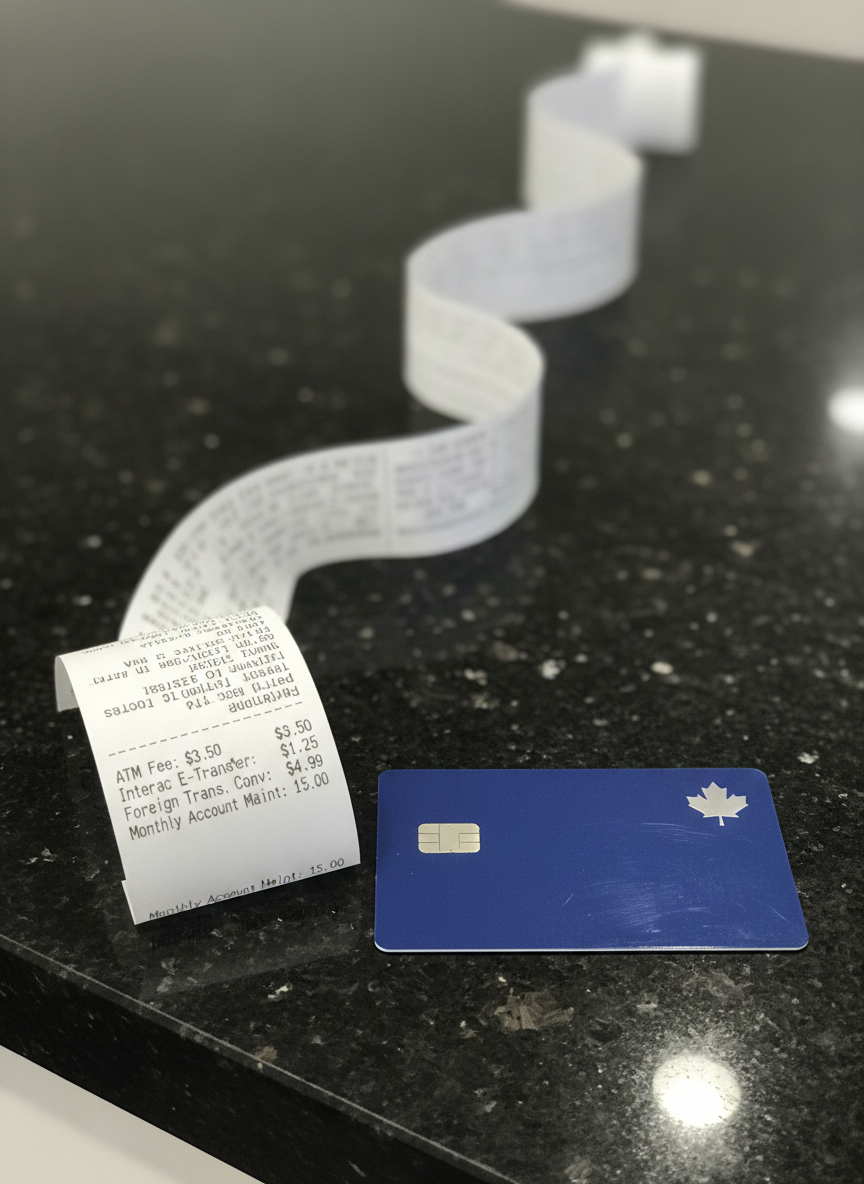 A pristine debit card, deep blue with a small silver maple leaf in the corner, lies dramatically on a sleek black granite countertop beside a thin, curling receipt listing numerous tiny service charges. The receipt extends toward the camera like a paper snake, each line item clearly legible near the foreground and fading into blur. Cool, diffused indoor lighting from overhead LED panels creates gentle reflections on the card’s glossy surface and the polished stone, casting crisp, minimal shadows. Photographic realism with a shallow depth of field emphasizes the card and the first few fees, while the rest dissolves into soft bokeh. The composition follows the rule of thirds and the mood is wryly frustrated yet stylish, evoking the quiet shock of unexpected banking costs in Canada.